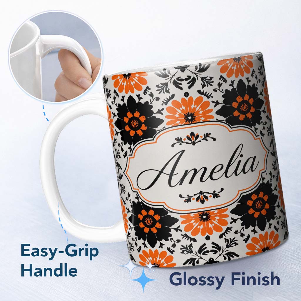 Personalized Custom Name Bold Orange Black Floral Folk Art Seamless Pattern Name Cute Unique 11oz Ceramic Coffee Tea Mug White Large Handle