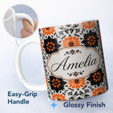 Personalized Custom Name Bold Orange Black Floral Folk Art Seamless Pattern Name Cute Unique 11oz Ceramic Coffee Tea Mug White Large Handle