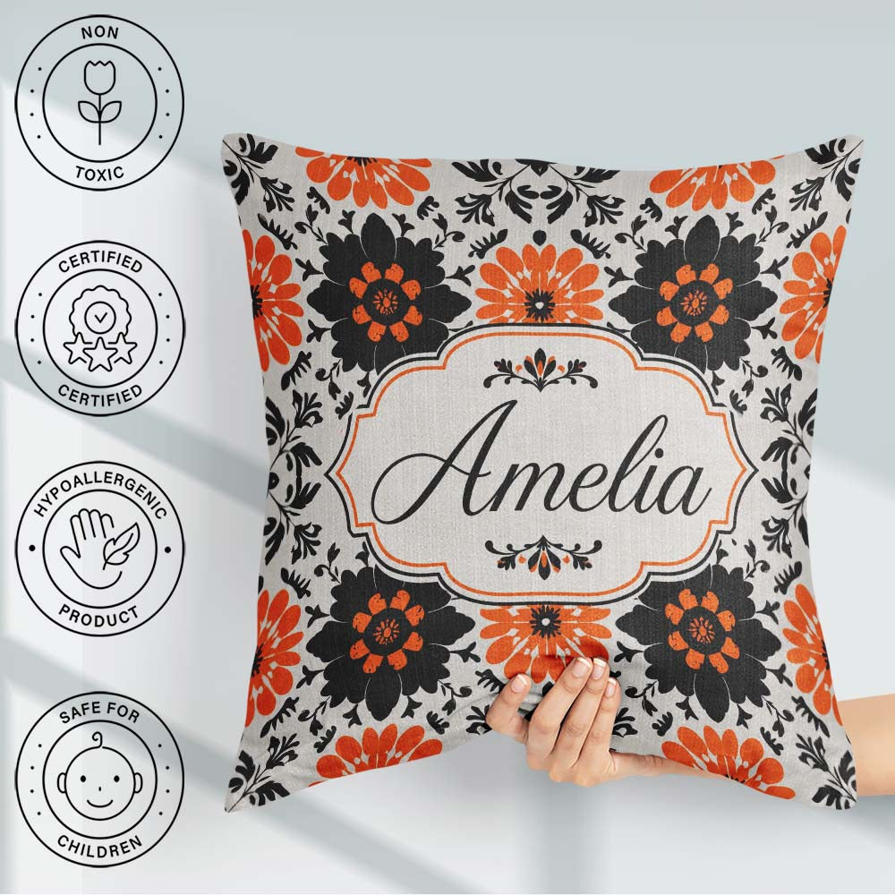 Custom Name Bold Orange Black Floral Folk Art Seamless Name Cute Square Filled Cushion Throw Pillow Sofa Bed Home Decor Zip Washable UK Made