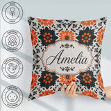 Custom Name Bold Orange Black Floral Folk Art Seamless Name Cute Square Filled Cushion Throw Pillow Sofa Bed Home Decor Zip Washable UK Made
