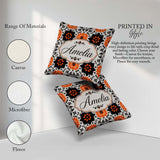 Custom Name Bold Orange Black Floral Folk Art Seamless Name Cute Square Filled Cushion Throw Pillow Sofa Bed Home Decor Zip Washable UK Made