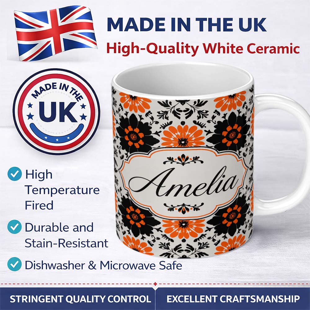 Personalized Custom Name Bold Orange Black Floral Folk Art Seamless Pattern Name Cute Unique 11oz Ceramic Coffee Tea Mug White Large Handle