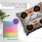 Custom Name Bold Orange Black Floral Folk Art Seamless Name Cute Square Filled Cushion Throw Pillow Sofa Bed Home Decor Zip Washable UK Made