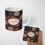 Personalized Custom Name Halloween Patchwork Tiles Pumpkin Fox Bird Seamless Pattern Name 11oz Ceramic Coffee Tea Mug White Large Handle