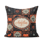 Custom Name Halloween Patchwork Tiles Pumpkin Bird Seamless Name Square Filled Cushion Throw Pillow Sofa Bed Home Decor Zip Washable UK Made