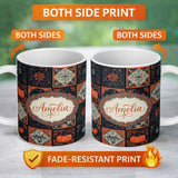 Personalized Custom Name Halloween Patchwork Tiles Pumpkin Fox Bird Seamless Pattern Name 11oz Ceramic Coffee Tea Mug White Large Handle