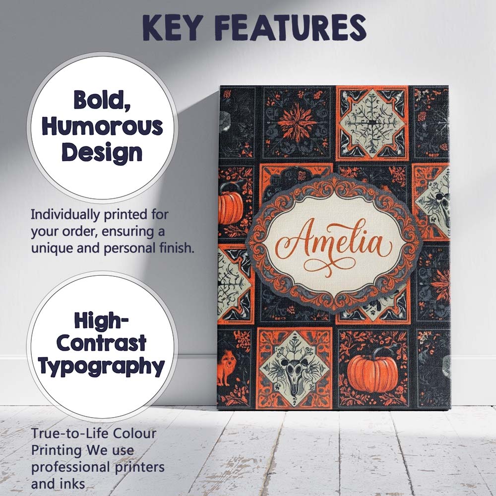 Personalised Name Halloween Patchwork Tiles Custom  Bespoke Interior Contemporary Canvas Wall Art Print Decor Picture Ready to Hang
