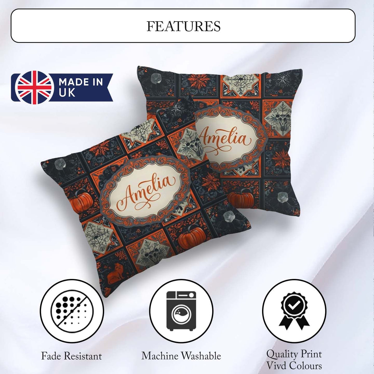 Custom Name Halloween Patchwork Tiles Pumpkin Bird Seamless Name Square Filled Cushion Throw Pillow Sofa Bed Home Decor Zip Washable UK Made