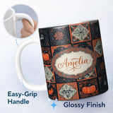Personalized Custom Name Halloween Patchwork Tiles Pumpkin Fox Bird Seamless Pattern Name 11oz Ceramic Coffee Tea Mug White Large Handle