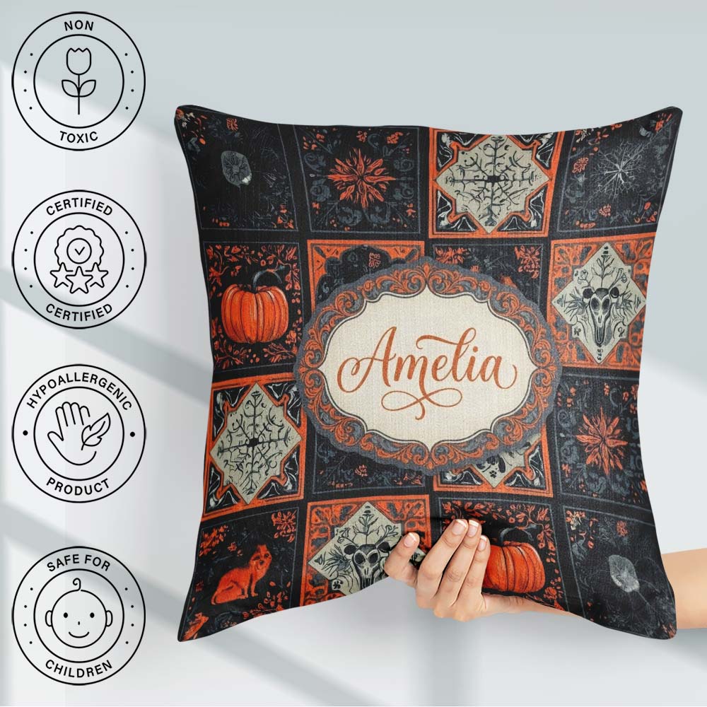 Custom Name Halloween Patchwork Tiles Pumpkin Bird Seamless Name Square Filled Cushion Throw Pillow Sofa Bed Home Decor Zip Washable UK Made
