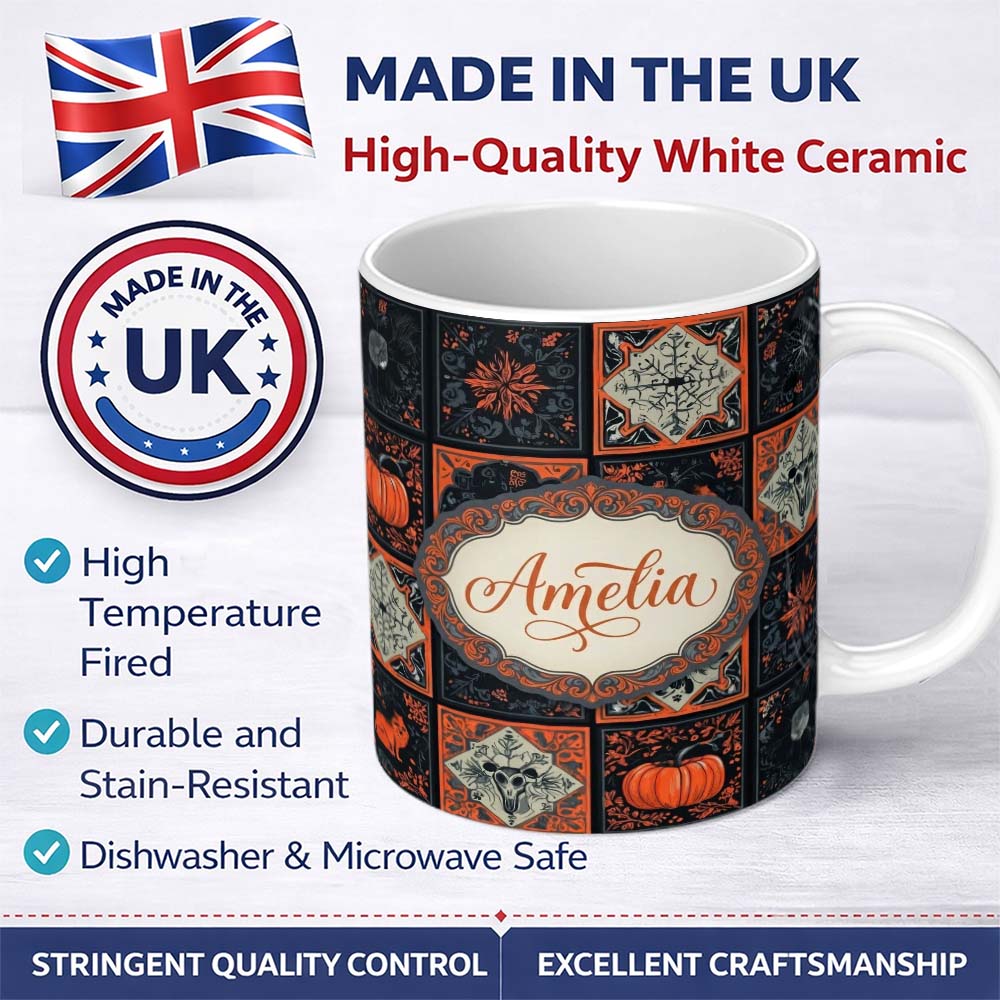 Personalized Custom Name Halloween Patchwork Tiles Pumpkin Fox Bird Seamless Pattern Name 11oz Ceramic Coffee Tea Mug White Large Handle