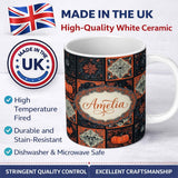 Personalized Custom Name Halloween Patchwork Tiles Pumpkin Fox Bird Seamless Pattern Name 11oz Ceramic Coffee Tea Mug White Large Handle