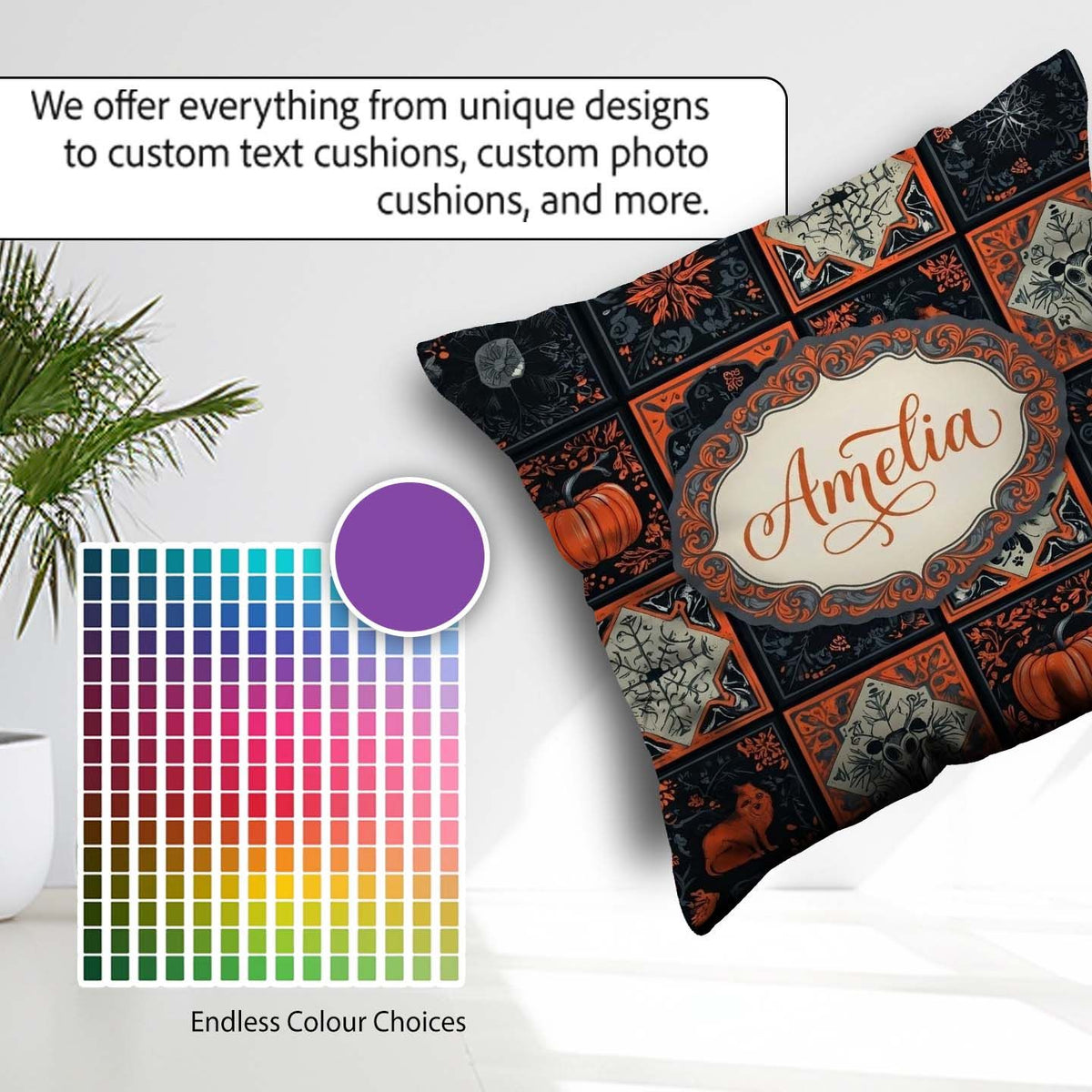 Custom Name Halloween Patchwork Tiles Pumpkin Bird Seamless Name Square Filled Cushion Throw Pillow Sofa Bed Home Decor Zip Washable UK Made