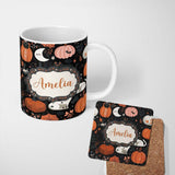 Personalized Custom Name Cute Halloween Cats Pumpkins Moon Night Seamless Pattern Name 11oz Ceramic Coffee Tea Mug White Large Handle