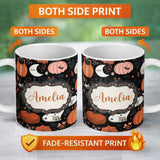 Personalized Custom Name Cute Halloween Cats Pumpkins Moon Night Seamless Pattern Name 11oz Ceramic Coffee Tea Mug White Large Handle