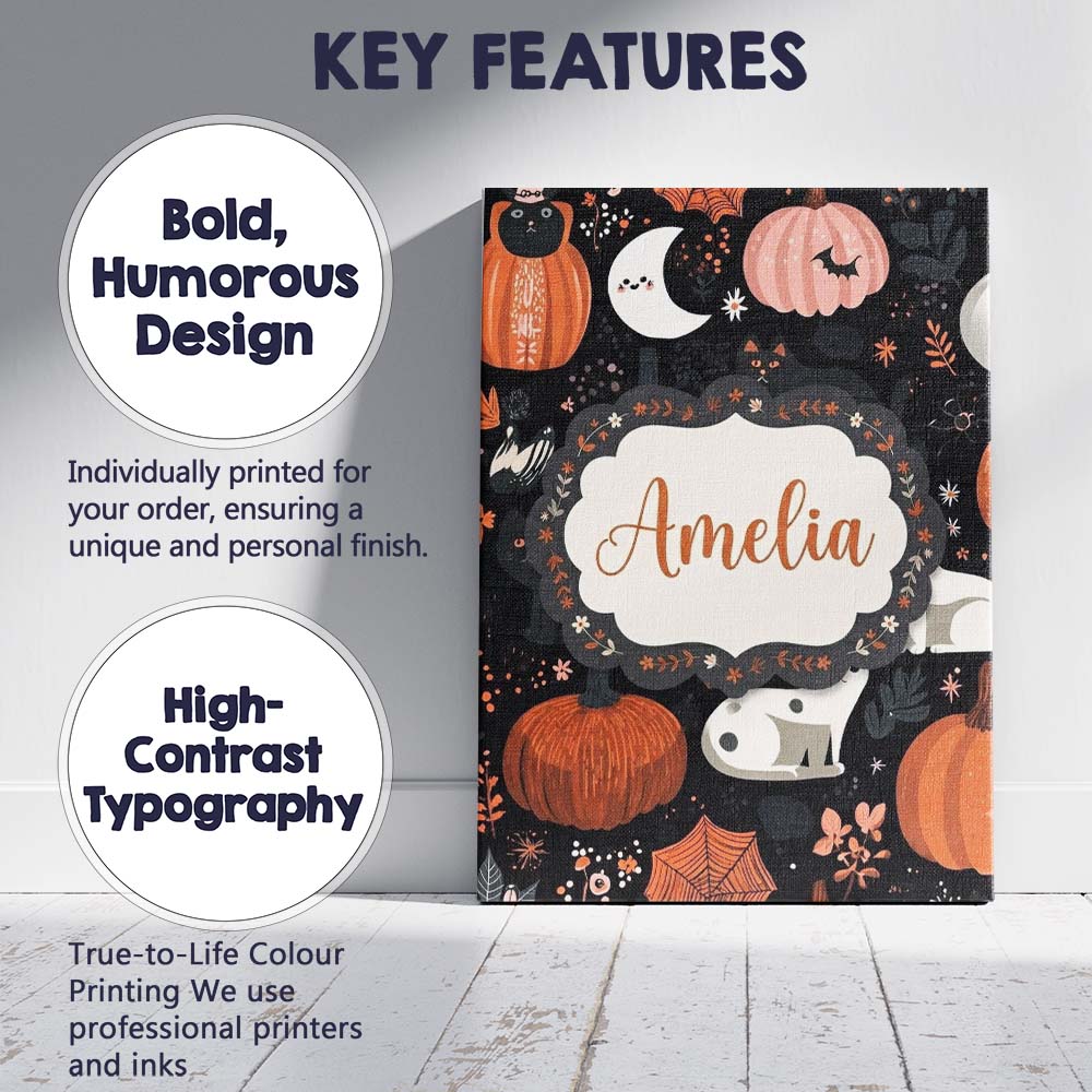 Personalised Name Cute Halloween Cats Custom Modern Room Accent Creative Decorator Style Canvas Wall Art Print Decor Picture Ready to Hang