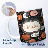Personalized Custom Name Cute Halloween Cats Pumpkins Moon Night Seamless Pattern Name 11oz Ceramic Coffee Tea Mug White Large Handle