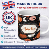 Personalized Custom Name Cute Halloween Cats Pumpkins Moon Night Seamless Pattern Name 11oz Ceramic Coffee Tea Mug White Large Handle
