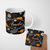 Personalized Custom Name Autumn Pumpkin Cat Botanical Dark Seamless Pattern Name Cute Unique 11oz Ceramic Coffee Tea Mug White Large Handle