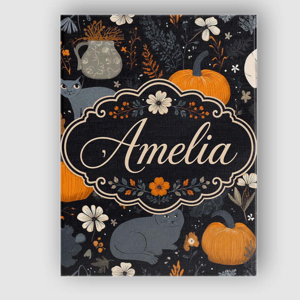 Personalised Name Autumn Pumpkin Cat Custom Premium Decorative Design Modern Room Accent Canvas Wall Art Print Decor Picture Ready to Hang
