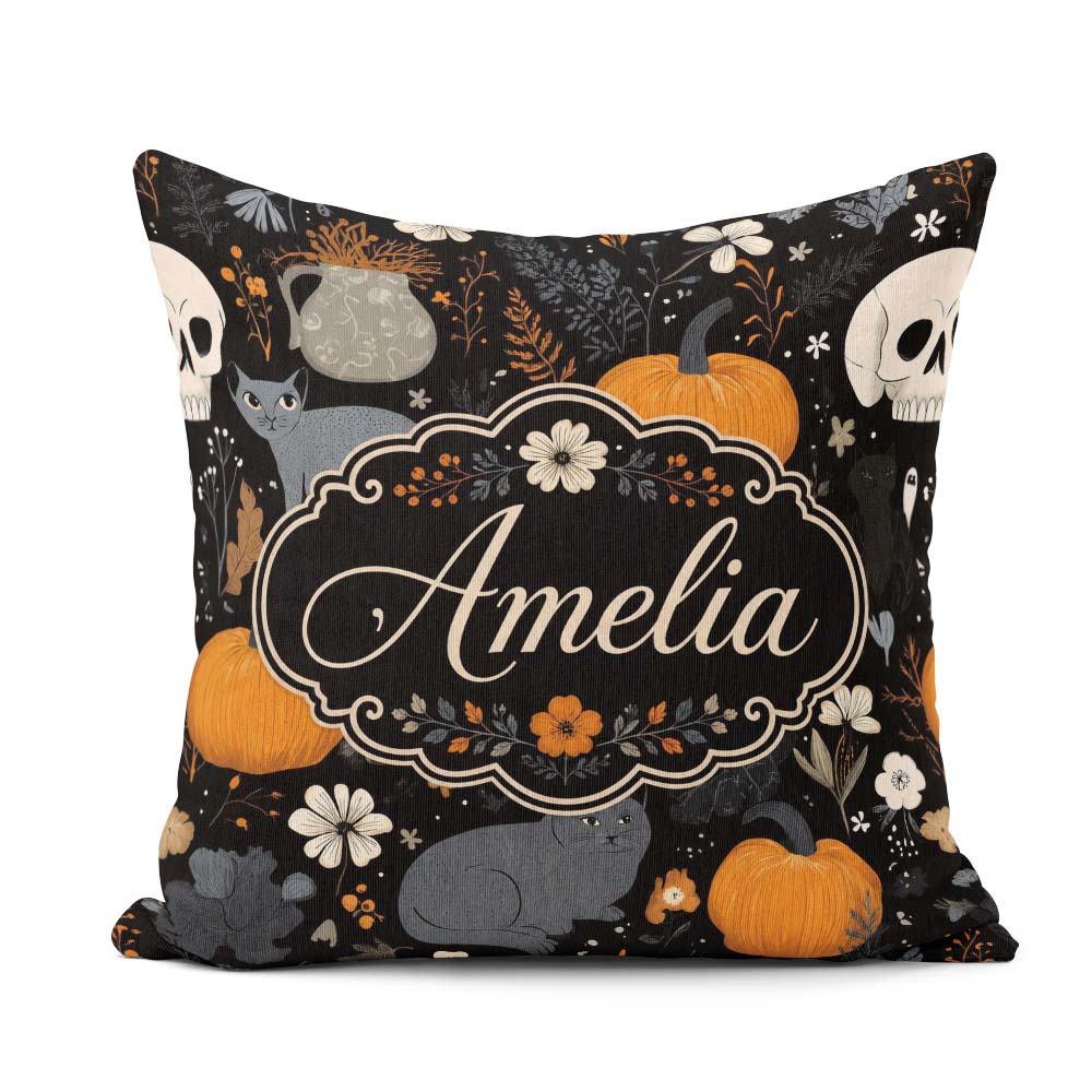 Custom Name Autumn Pumpkin Cat Botanical Dark Seamless Name Cute Square Filled Cushion Throw Pillow Sofa Bed Home Decor Zip Washable UK Made