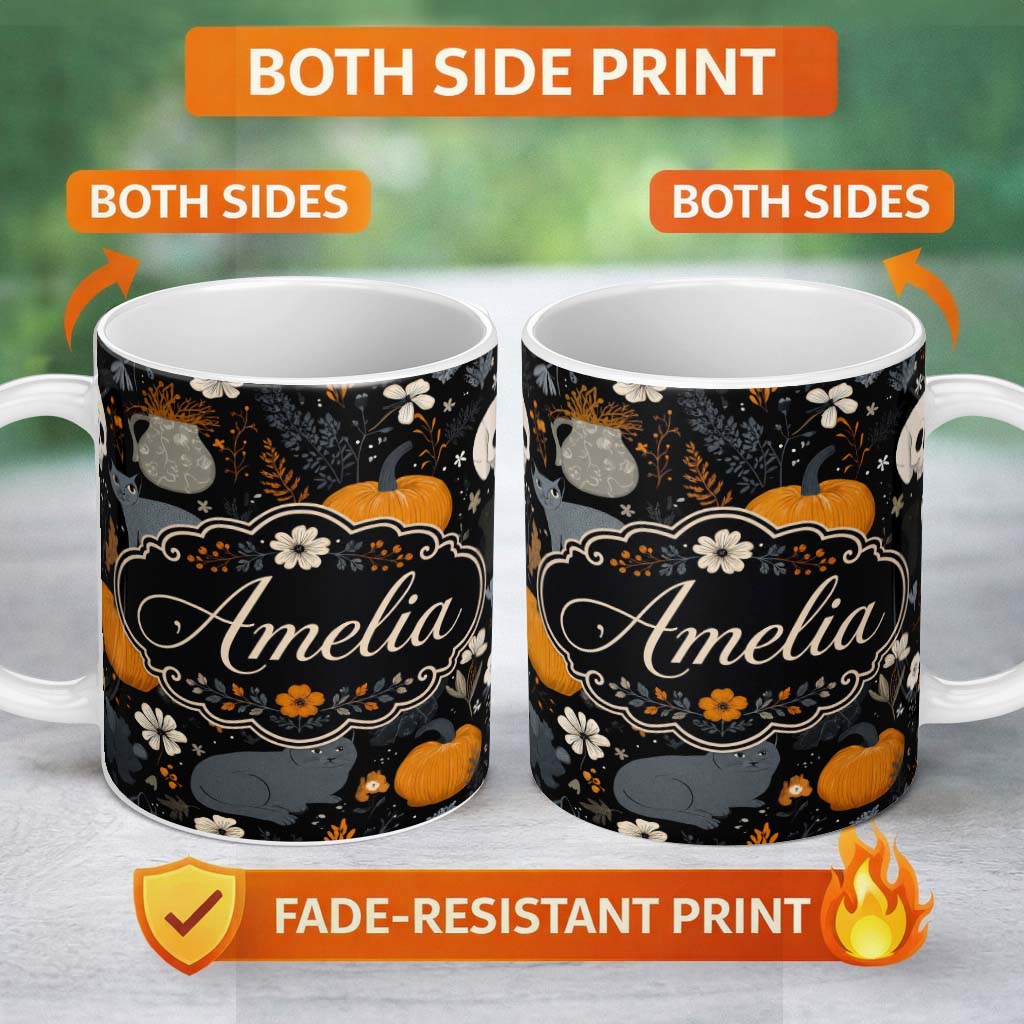 Personalized Custom Name Autumn Pumpkin Cat Botanical Dark Seamless Pattern Name Cute Unique 11oz Ceramic Coffee Tea Mug White Large Handle