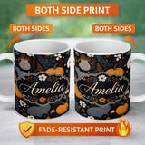 Personalized Custom Name Autumn Pumpkin Cat Botanical Dark Seamless Pattern Name Cute Unique 11oz Ceramic Coffee Tea Mug White Large Handle