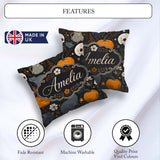 Custom Name Autumn Pumpkin Cat Botanical Dark Seamless Name Cute Square Filled Cushion Throw Pillow Sofa Bed Home Decor Zip Washable UK Made