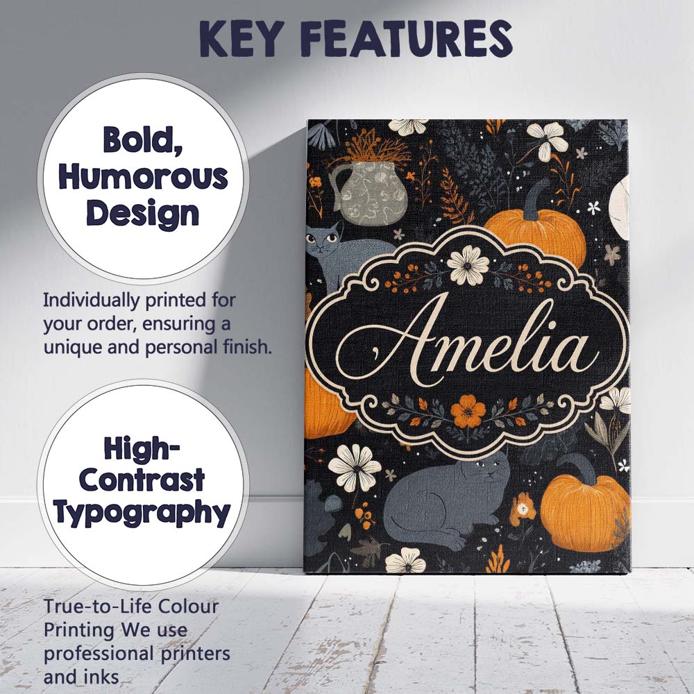 Personalised Name Autumn Pumpkin Cat Custom Premium Decorative Design Modern Room Accent Canvas Wall Art Print Decor Picture Ready to Hang