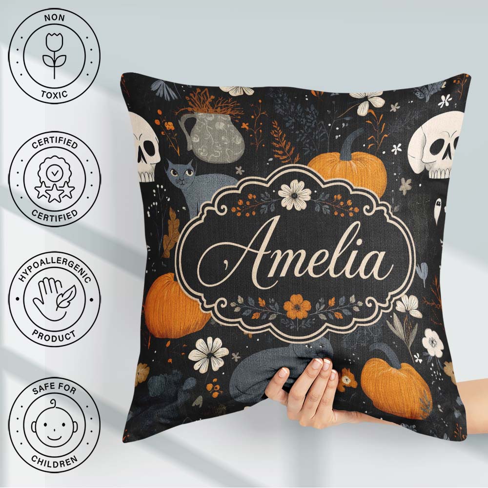 Custom Name Autumn Pumpkin Cat Botanical Dark Seamless Name Cute Square Filled Cushion Throw Pillow Sofa Bed Home Decor Zip Washable UK Made