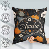 Custom Name Autumn Pumpkin Cat Botanical Dark Seamless Name Cute Square Filled Cushion Throw Pillow Sofa Bed Home Decor Zip Washable UK Made