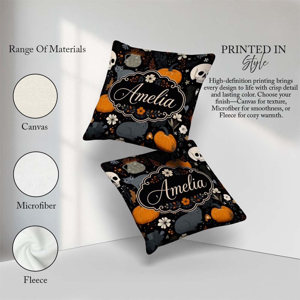 Custom Name Autumn Pumpkin Cat Botanical Dark Seamless Name Cute Square Filled Cushion Throw Pillow Sofa Bed Home Decor Zip Washable UK Made