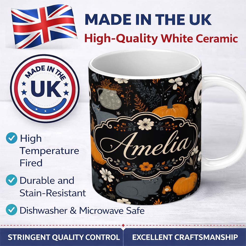 Personalized Custom Name Autumn Pumpkin Cat Botanical Dark Seamless Pattern Name Cute Unique 11oz Ceramic Coffee Tea Mug White Large Handle