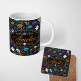 Personalized Custom Name Spooky Halloween Pumpkins Ghosts Leaves Seamless Pattern Name Cute 11oz Ceramic Coffee Tea Mug White Large Handle