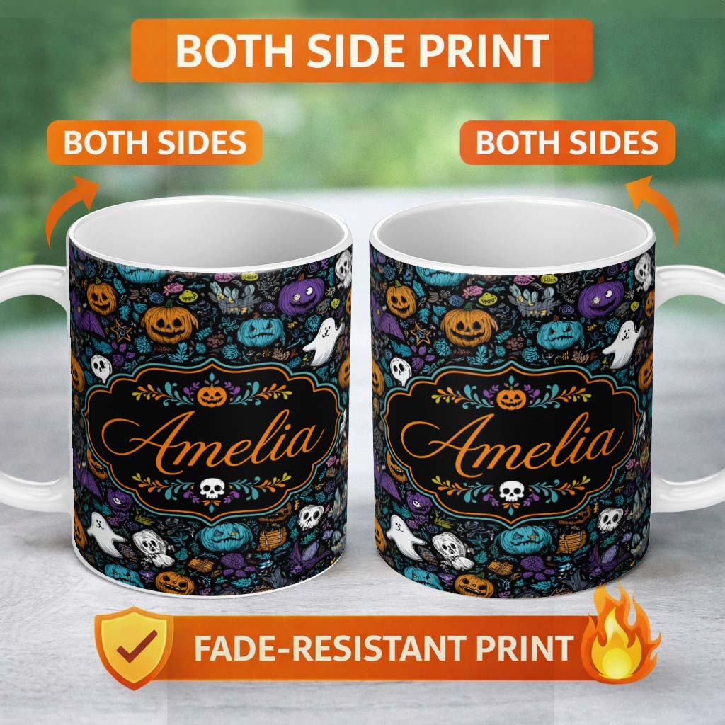 Personalized Custom Name Spooky Halloween Pumpkins Ghosts Leaves Seamless Pattern Name Cute 11oz Ceramic Coffee Tea Mug White Large Handle