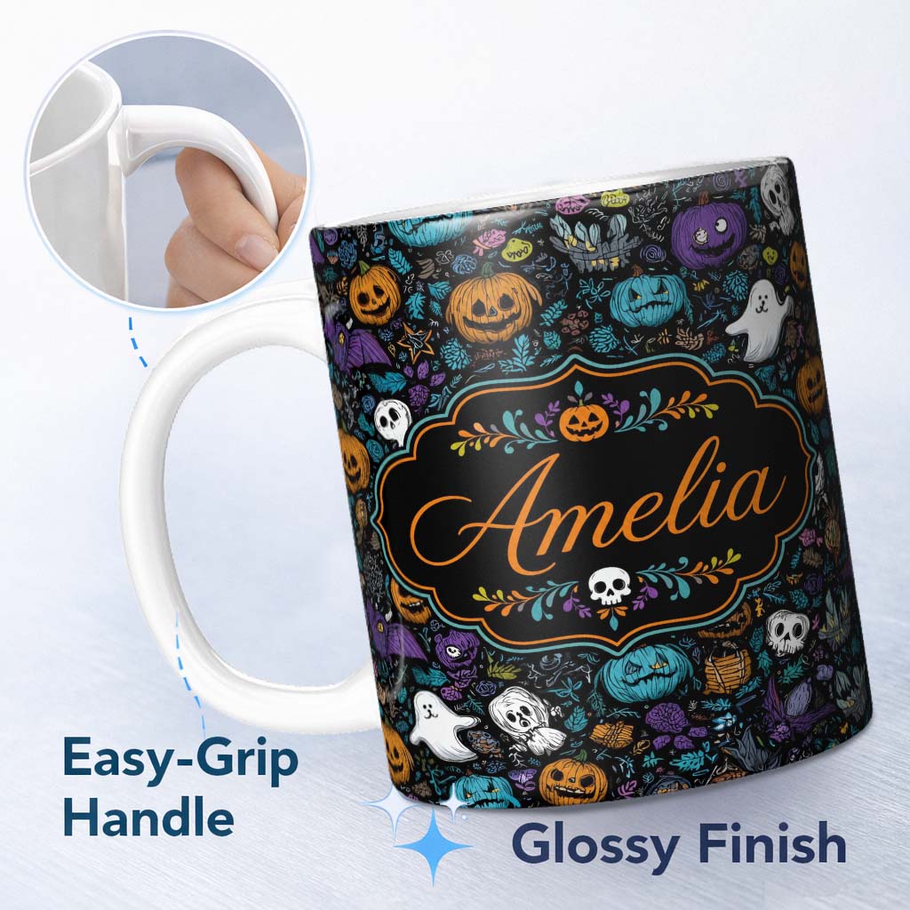 Personalized Custom Name Spooky Halloween Pumpkins Ghosts Leaves Seamless Pattern Name Cute 11oz Ceramic Coffee Tea Mug White Large Handle