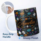 Personalized Custom Name Spooky Halloween Pumpkins Ghosts Leaves Seamless Pattern Name Cute 11oz Ceramic Coffee Tea Mug White Large Handle