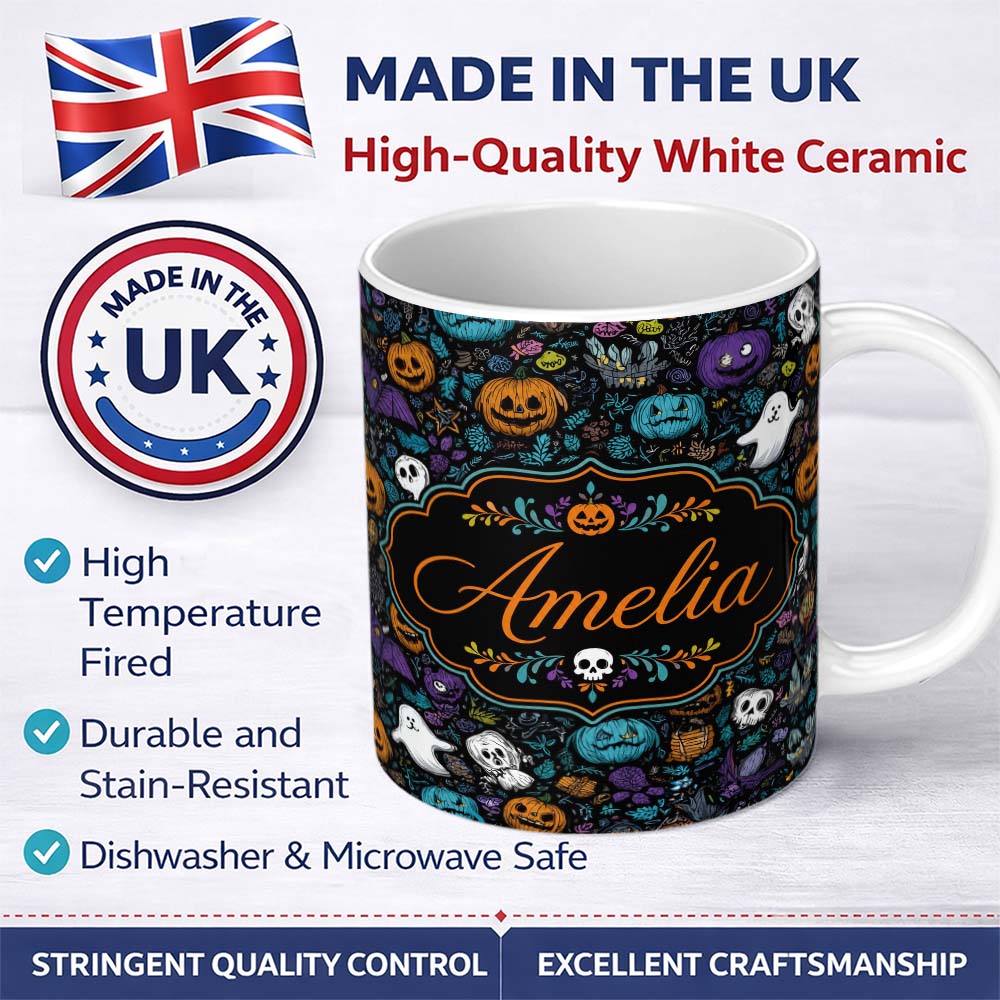 Personalized Custom Name Spooky Halloween Pumpkins Ghosts Leaves Seamless Pattern Name Cute 11oz Ceramic Coffee Tea Mug White Large Handle