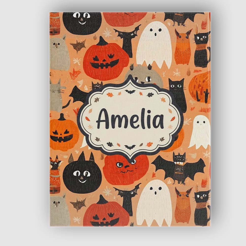 Personalised Name Cute Halloween Cats Bats Custom  Unique Gift Idea Elegant Feature Canvas Wall Art Print Decor Picture Ready to Hang