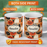 Personalized Custom Name Cute Halloween Cats Bats Pumpkins Seamless Pattern Custom Name 11oz Ceramic Coffee Tea Mug White Large Handle