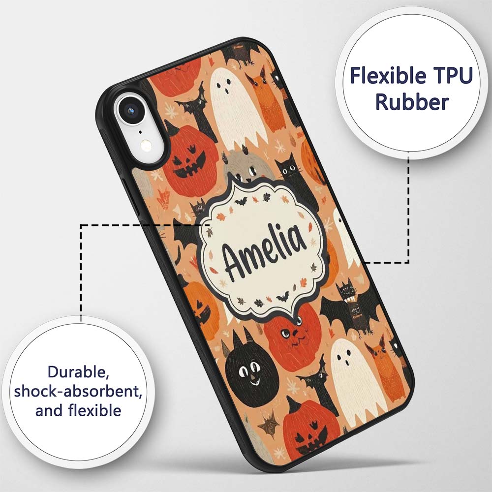 Cute Halloween Cats Bats Pumpkins Printed Design Custom Name Protective Phone Case Mobile Cover Durable Everyday Smartphone Shock Resistant