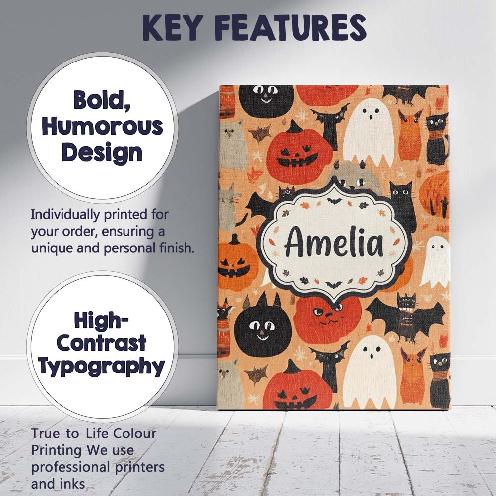 Personalised Name Cute Halloween Cats Bats Custom  Unique Gift Idea Elegant Feature Canvas Wall Art Print Decor Picture Ready to Hang