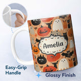 Personalized Custom Name Cute Halloween Cats Bats Pumpkins Seamless Pattern Custom Name 11oz Ceramic Coffee Tea Mug White Large Handle