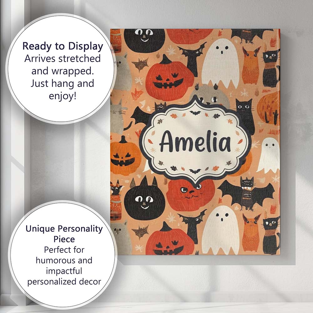 Personalised Name Cute Halloween Cats Bats Custom  Unique Gift Idea Elegant Feature Canvas Wall Art Print Decor Picture Ready to Hang