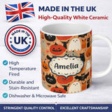 Personalized Custom Name Cute Halloween Cats Bats Pumpkins Seamless Pattern Custom Name 11oz Ceramic Coffee Tea Mug White Large Handle