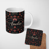 Personalized Custom Name Halloween Haunted House Gothic Floral Seamless Pattern Name Cute 11oz Ceramic Coffee Tea Mug White Large Handle