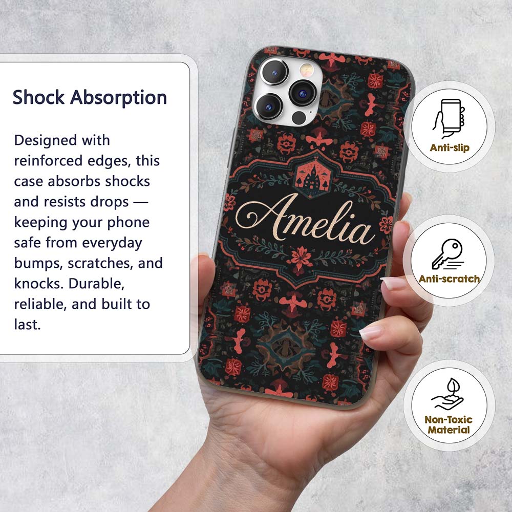Halloween Haunted House Gothic Floral Seamless Custom Name Protective Phone Case Mobile Cover Durable Everyday Smartphone Shock Resistant