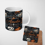 Personalized Custom Name Halloween Pumpkin Botanical Dark Leaves Seamless Pattern Name Cute 11oz Ceramic Coffee Tea Mug White Large Handle