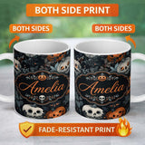 Personalized Custom Name Halloween Pumpkin Botanical Dark Leaves Seamless Pattern Name Cute 11oz Ceramic Coffee Tea Mug White Large Handle