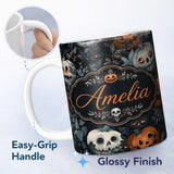 Personalized Custom Name Halloween Pumpkin Botanical Dark Leaves Seamless Pattern Name Cute 11oz Ceramic Coffee Tea Mug White Large Handle